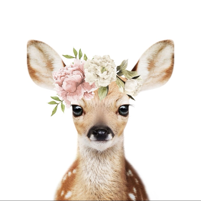 Aquarell-Zeichen der Gruppe Rehe: Rehkitz mit Blumenkranz
